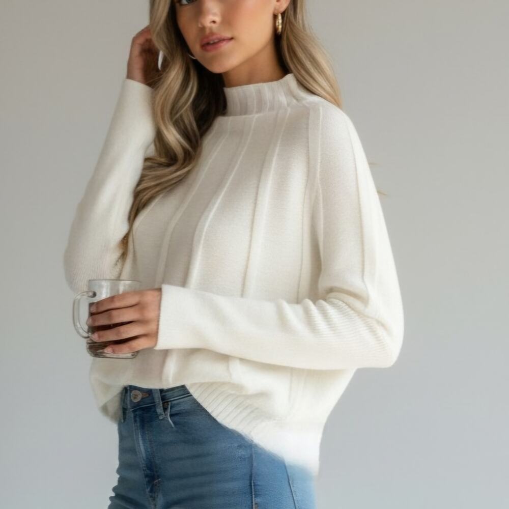 Cupshe Sweater Cream Gigot Sleeve Ribbed Knit High Neck Women's Size XS NWTF